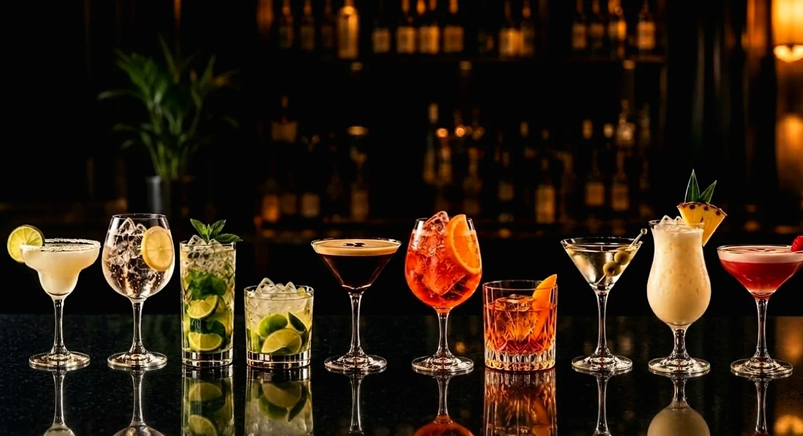 Fileira de coquetéis servidos sobre o balcão, do margarita ao negroni