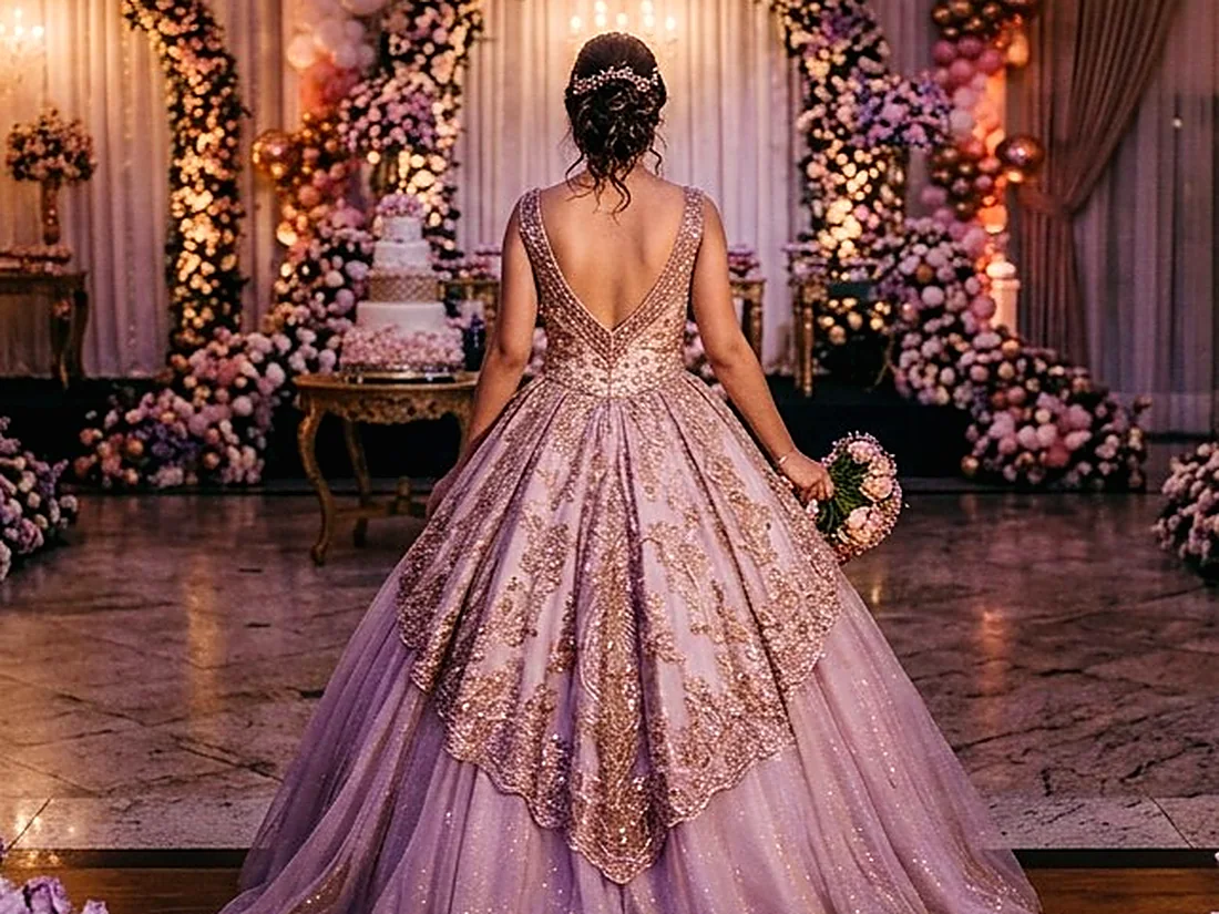 Debutante de vestido lilás e dourado diante do arco de flores, na entrada da festa